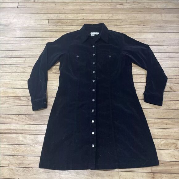 VTG EDDIE BAUER Velvet Shirt Dress Womens Snap Button Long Sleeve Collar Black L - Picture 10 of 13